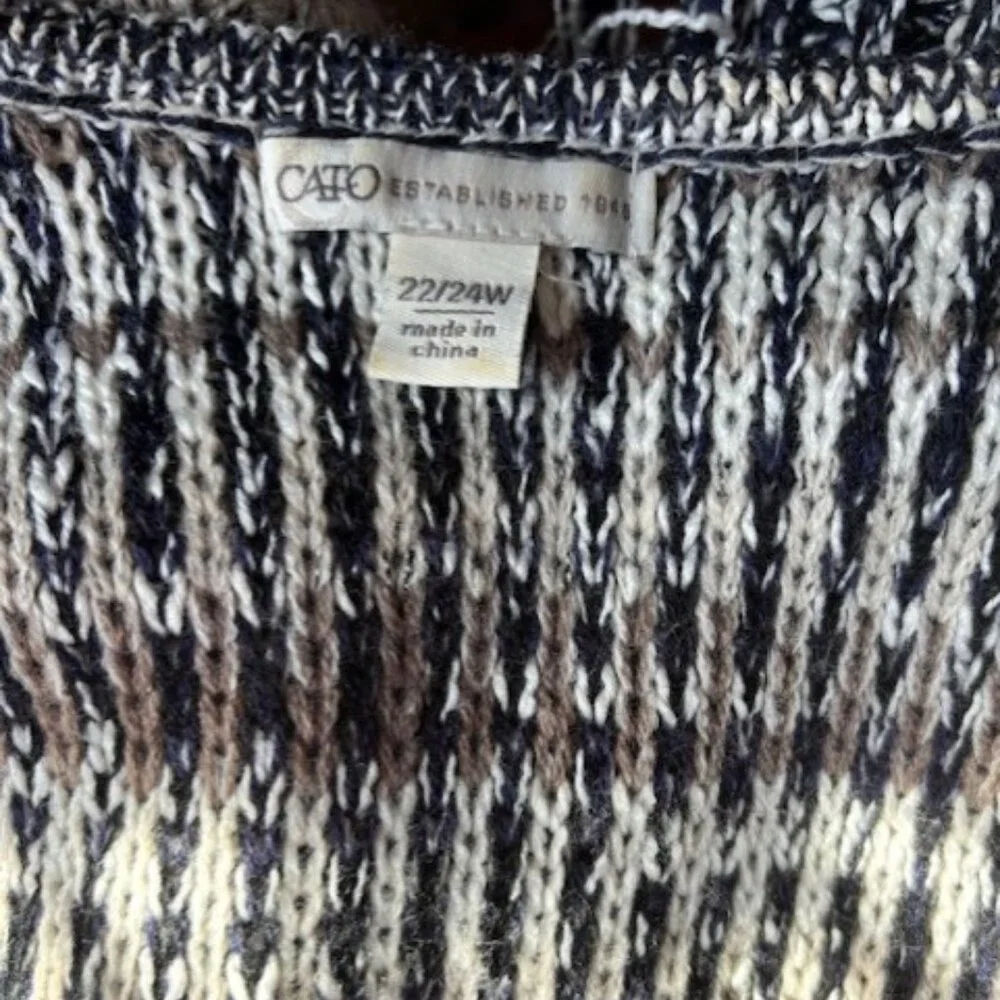 Cato Open Front Cardigan Sweater Loose Knit Fringe Neutral Beige Navy 22/24 W - Picture 5 of 9